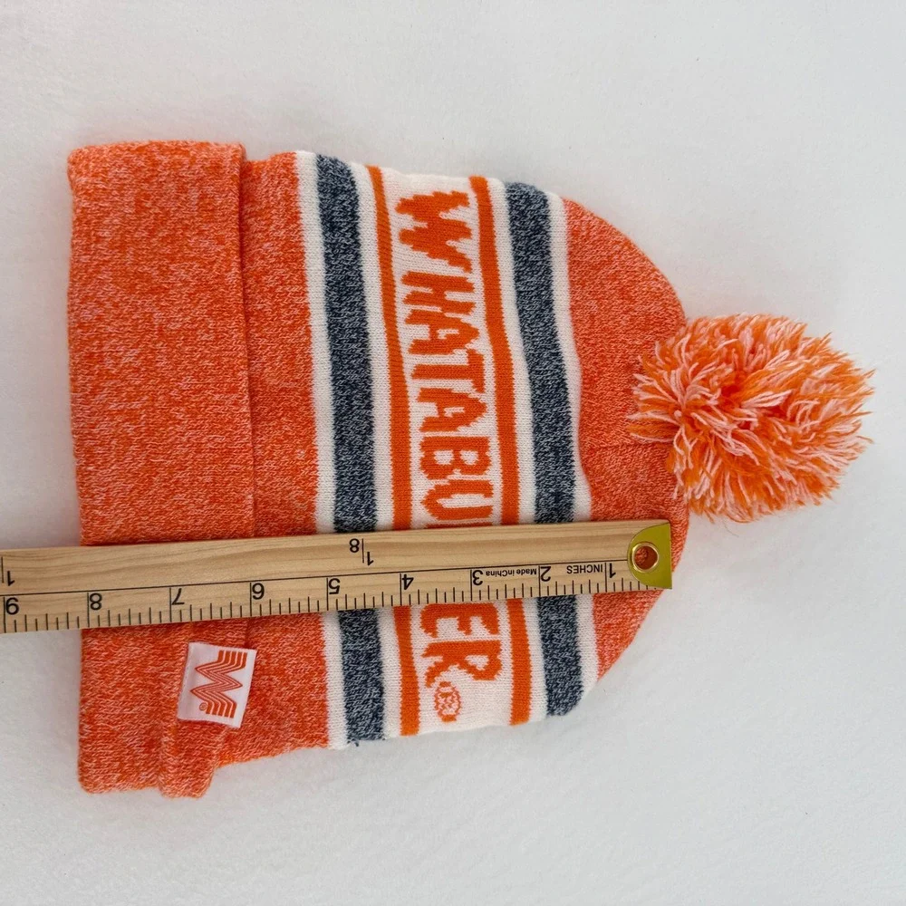 Whataburger Beanie Hat Unisex One Size Orange Pom Pom Knit Cuffed Winter Cap - Picture 3 of 5